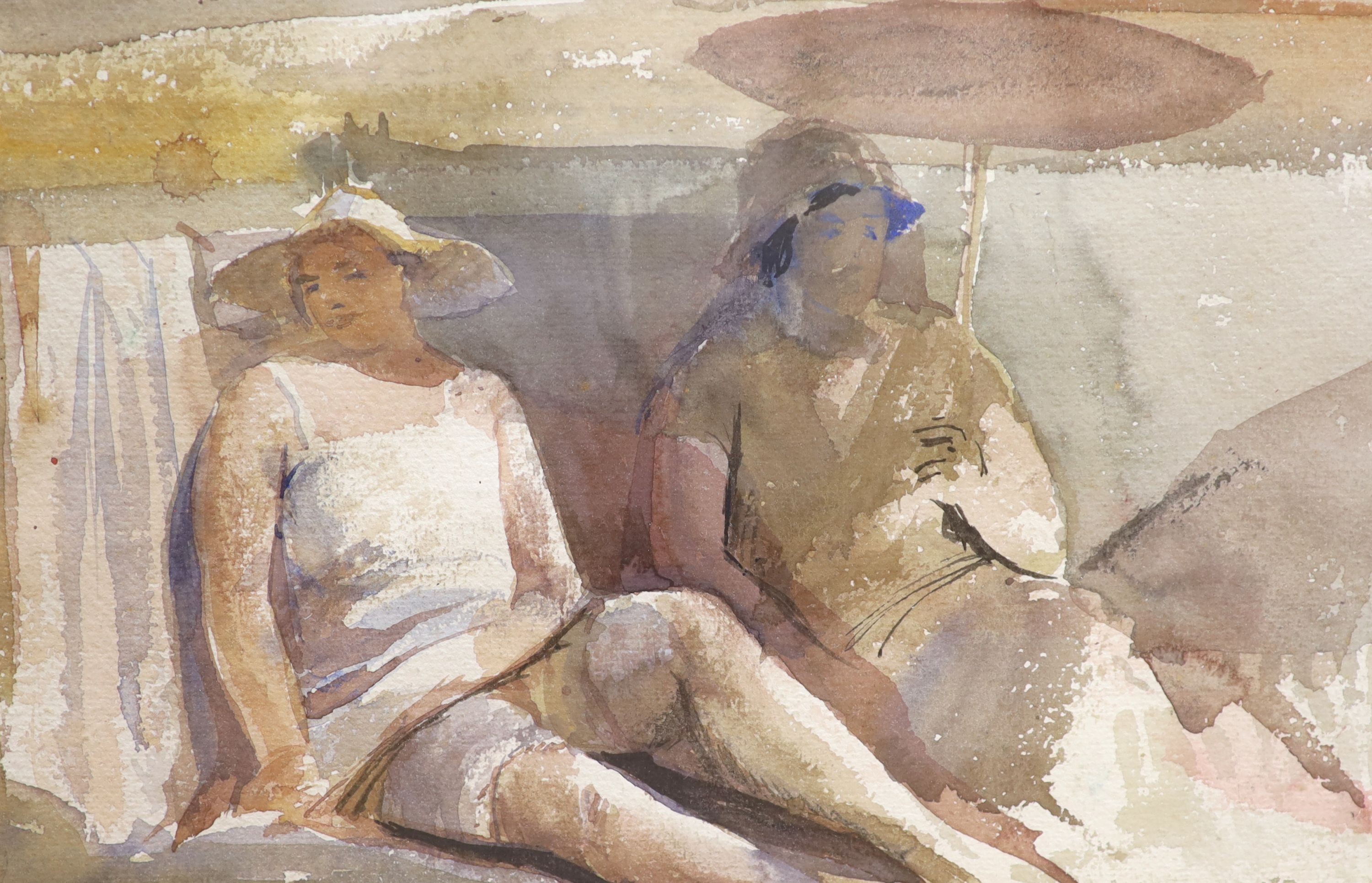 Augustus Lunn (1905-1986), watercolour, Sunbathers, signed and dated ‘30, 21 x 32cm.